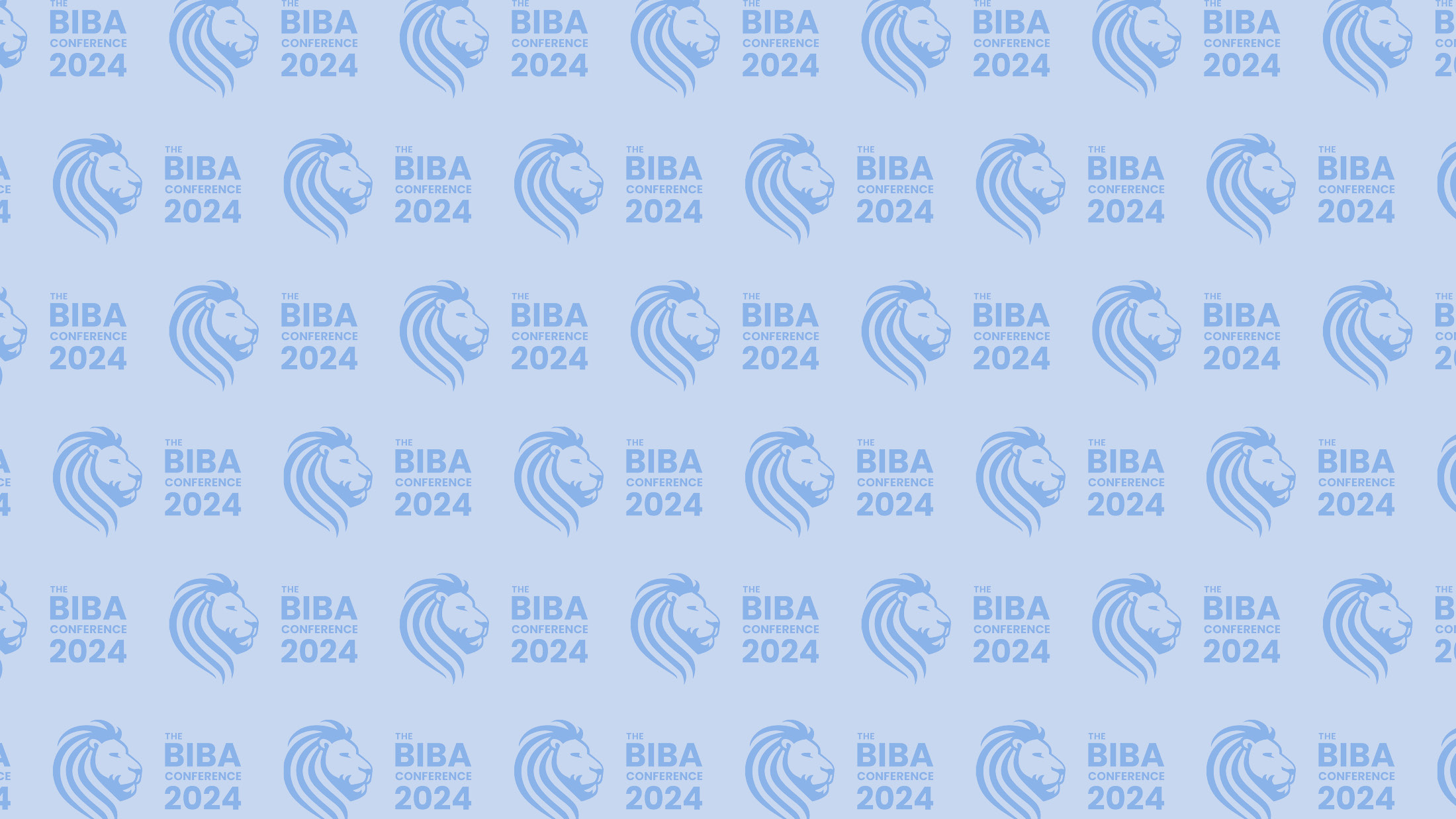 Pale blue background with the BIBA 2024 Lion Head Logo on it multiple times